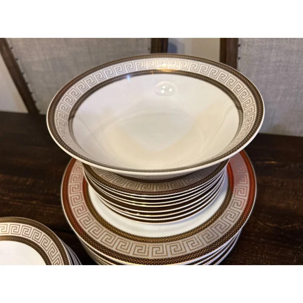 28 Piece Vintage Chattanooga Dining Set with Gold Greek Key Accents